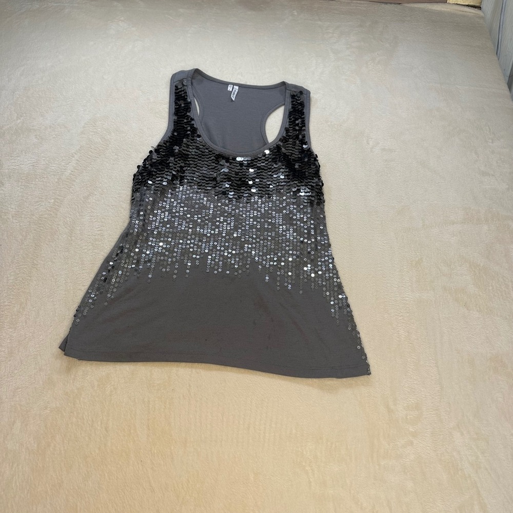 Studio Y Womens Sequin Racerback Tank Top Gray Y2K Sleeveless Scoop Neck Large